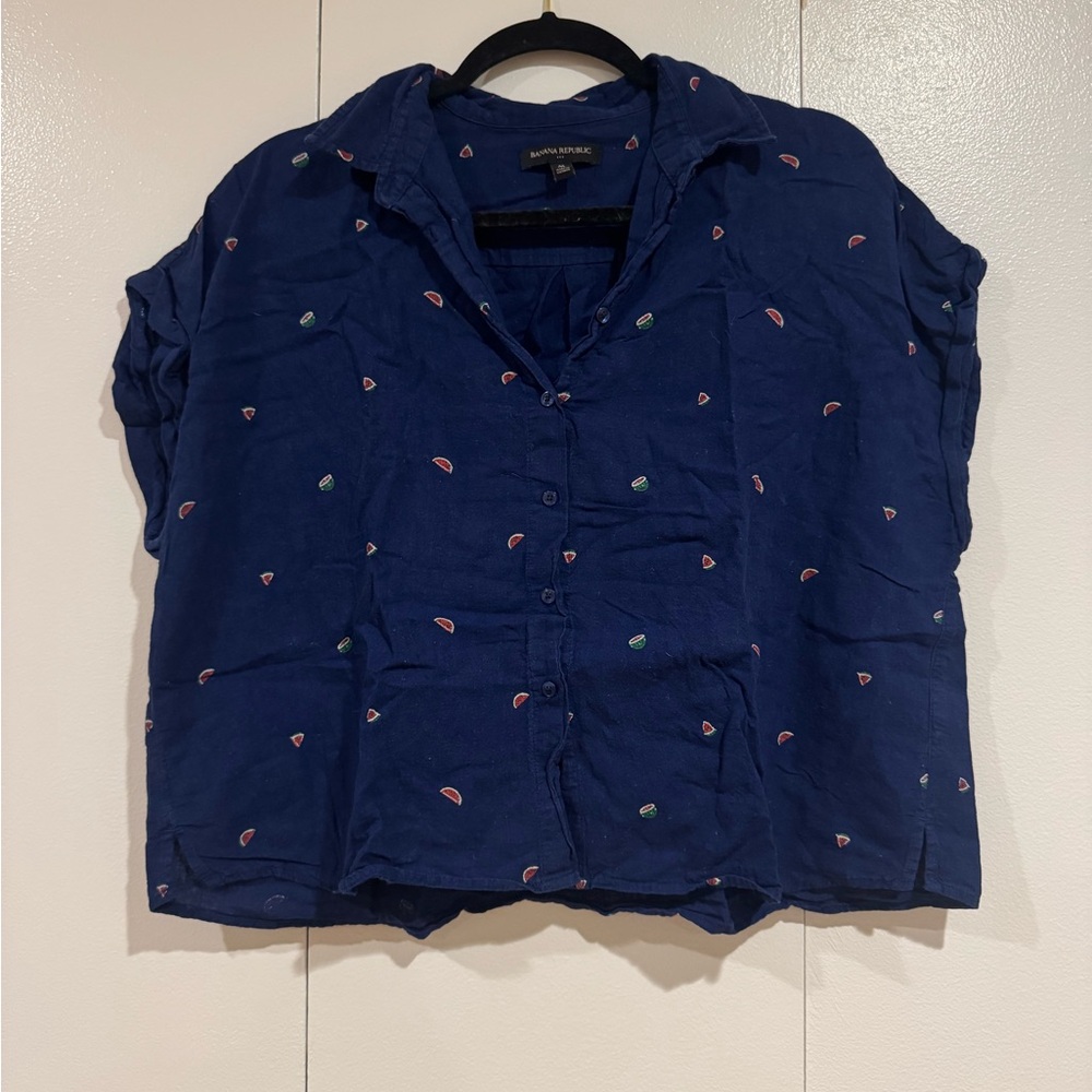Banana Republic Navy Button-Front Top with Tiny Watermelon Print